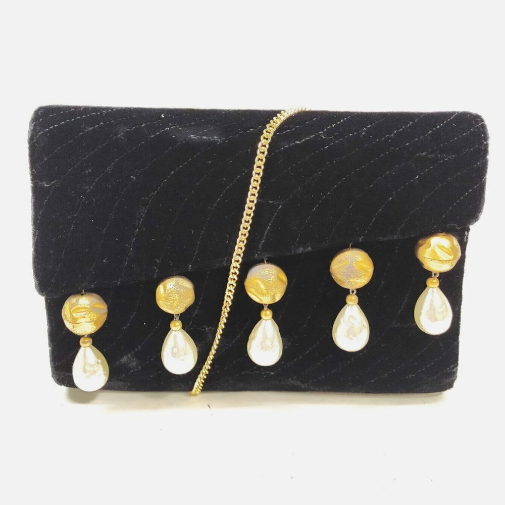 FENDI Crossbody bag Black velour velvet with gold chain vintage